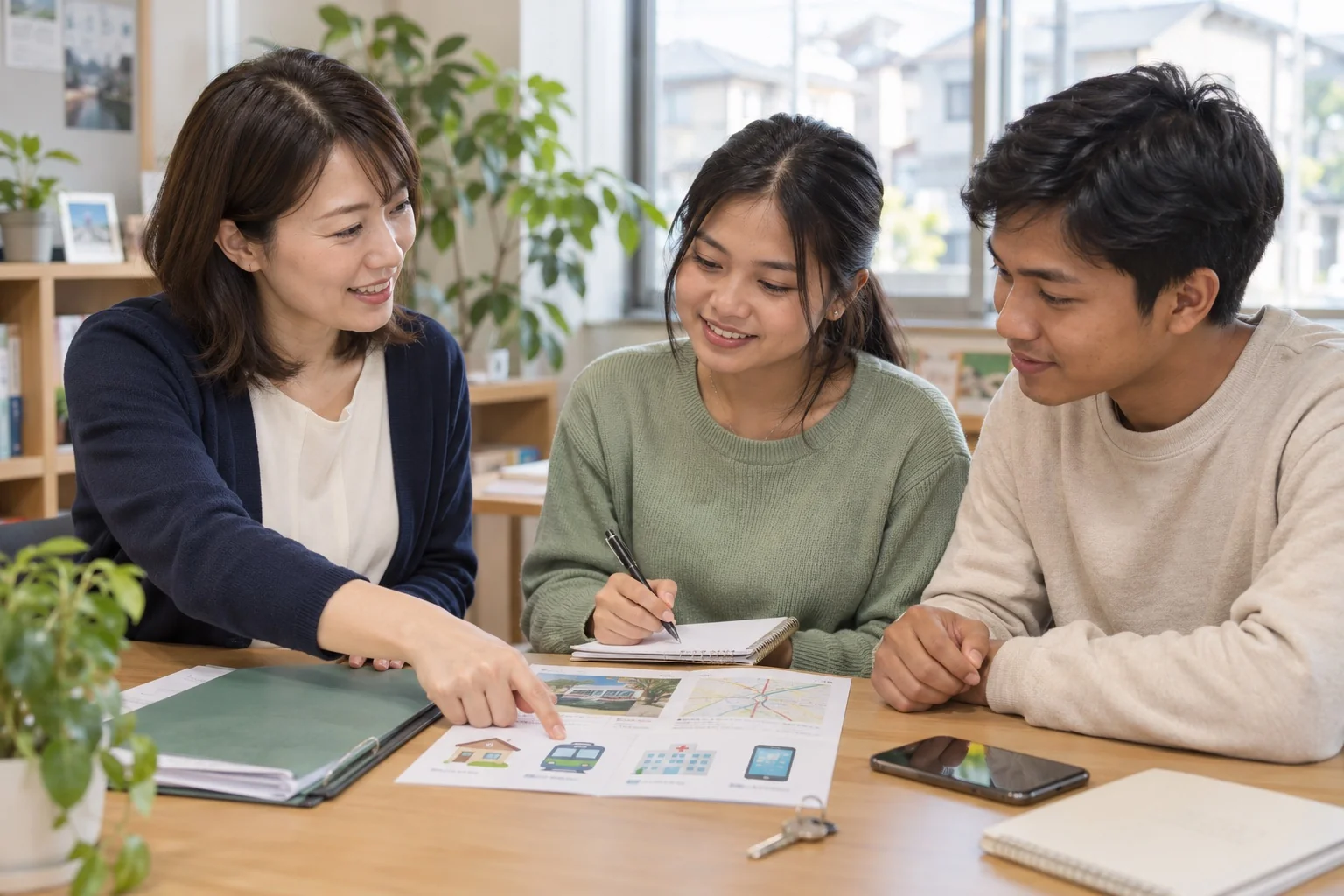 A support coordinator explains a daily-life guide to two workers
